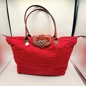 Brighton One World Red Canvas Tote Bag Heart Buckle Leather Trim Foldable. Read